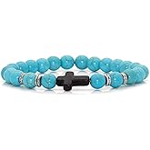 Xusamss Fashion Religious Cross Bracelet Agate Turquoise Beads Stretchable Bracelet,7 1/2 wrist