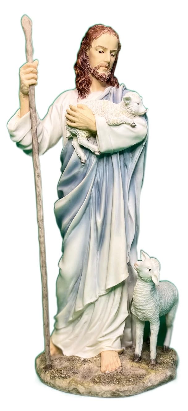 Kingdom Supplies Biblegifts Jesus Good Shepherd Statue 11.5 Inch (28 cm) High Hand Painted Resin Boxed Christ carrying a Lamb with a Sheep at His feet..
