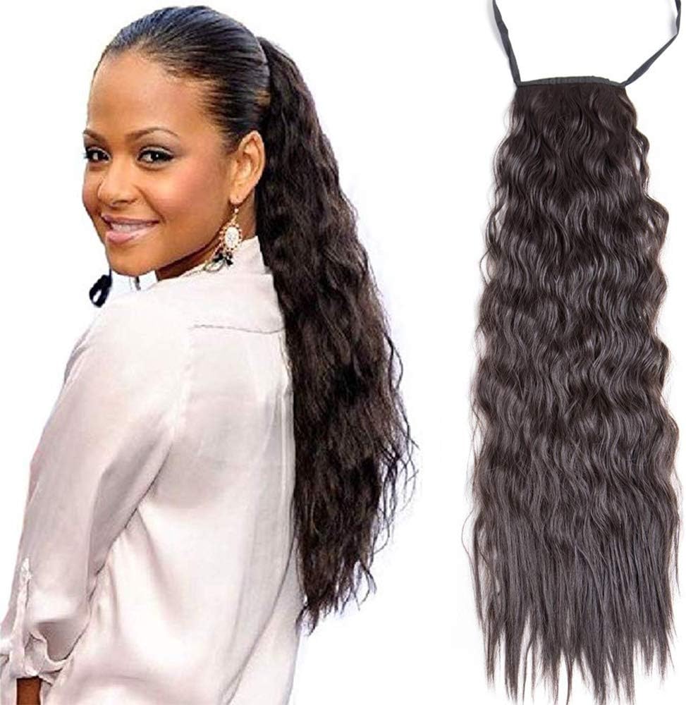 24inch Ponytail Extension Long Kinky Straight Ribbon Ponytail Clip Heat Resistant Wavy Synthetic Hairpiece Clip(24'', 2#)