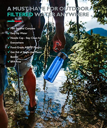 Membrane Solutions Tritan Water Filter Bottle - Portable Water Bottle with 4-Stages Filtration System/Straw for Camping, Survival, Backpacking Travel Climbing, Sports & Bike, BPA-Free, 22 Ounce, Blue