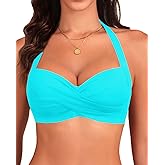 Yonique Women Halter Bikini Top Push Up Swimsuit Top Retro Swim Top Twist Front Bathing Suit Top Only