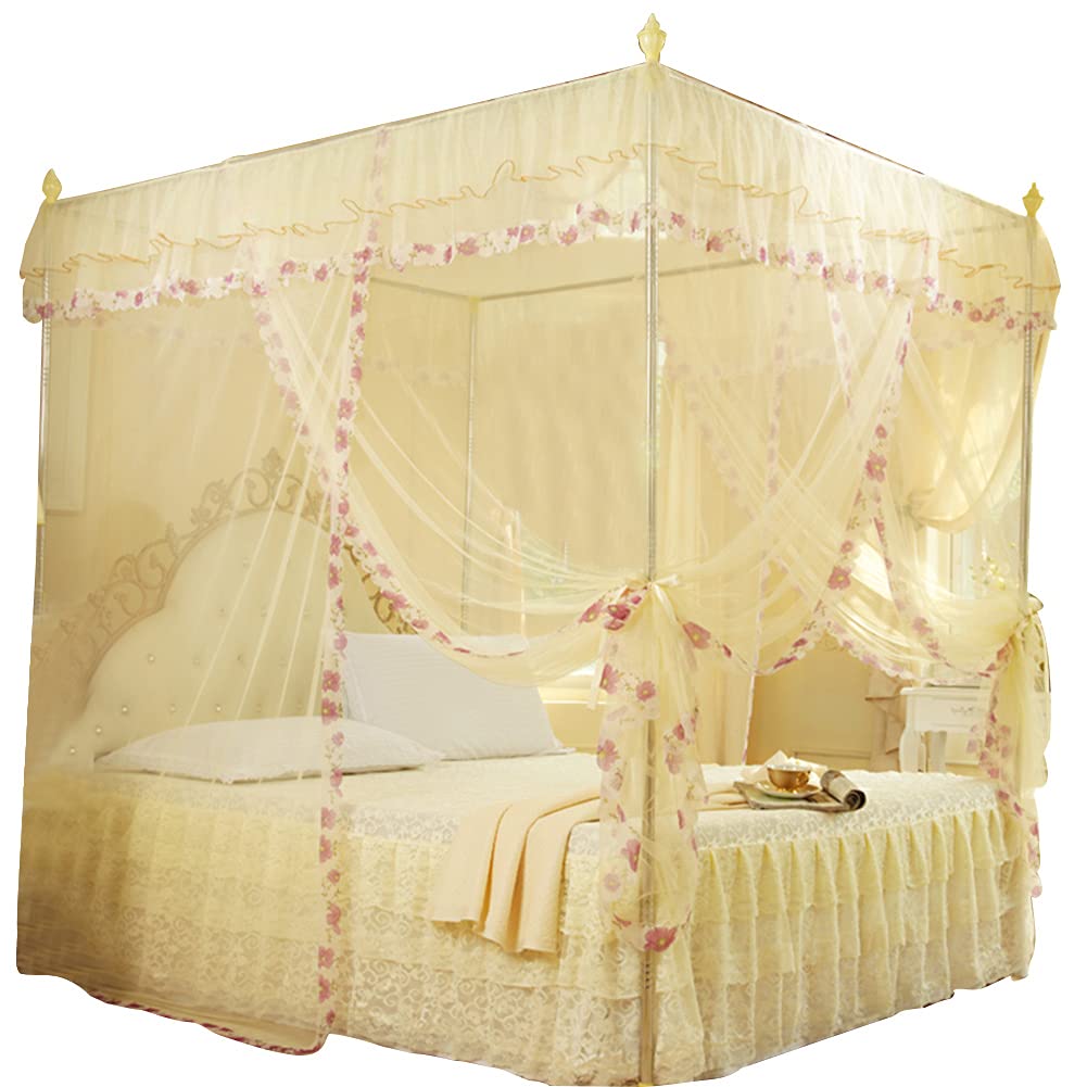 4 Corners Post Canopy Bed Curtain Mosquito Net for Girls & Adults, Luxurious Princess Bedroom Decoration Accessories, 3 Side Opening(120 * 200 * 200-Beige)