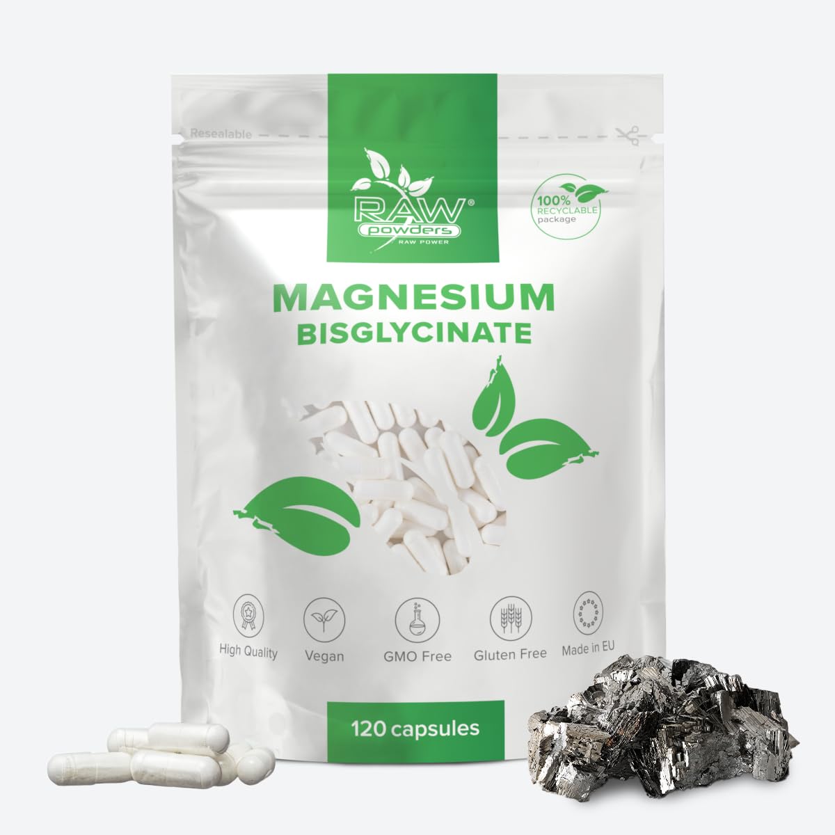Magnesium Bisglycinate 500mg – 120 Capsules | 200mg Elemental Magnesium per Serving | High Strength Magnesium Glycinate | for Energy, Muscles & Nervous System | Vegan | Raw Powders