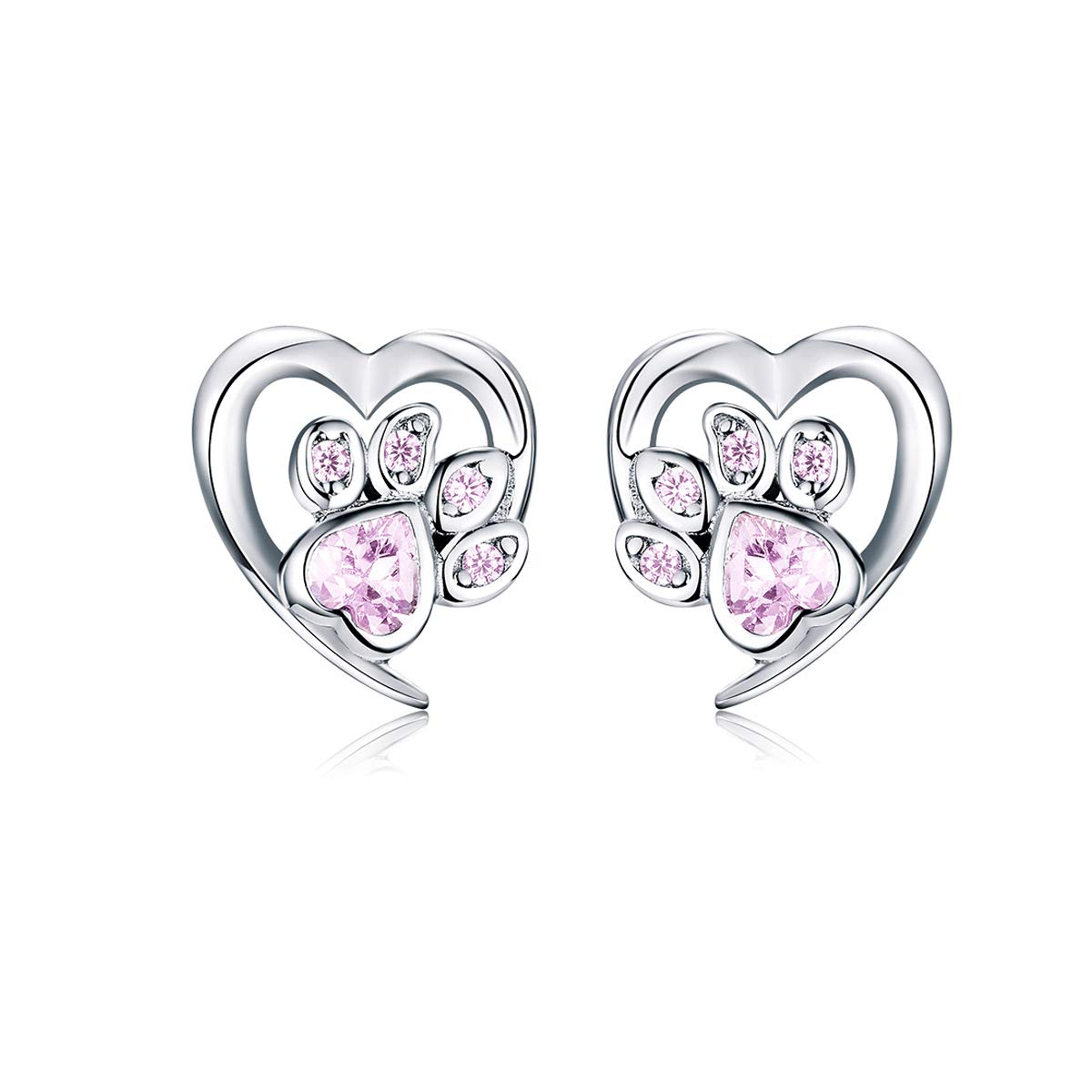 Pink Crystal Paw Stud Earrings for Girl Heart Shape CZ Footprint Ear Studs Jewellery Women