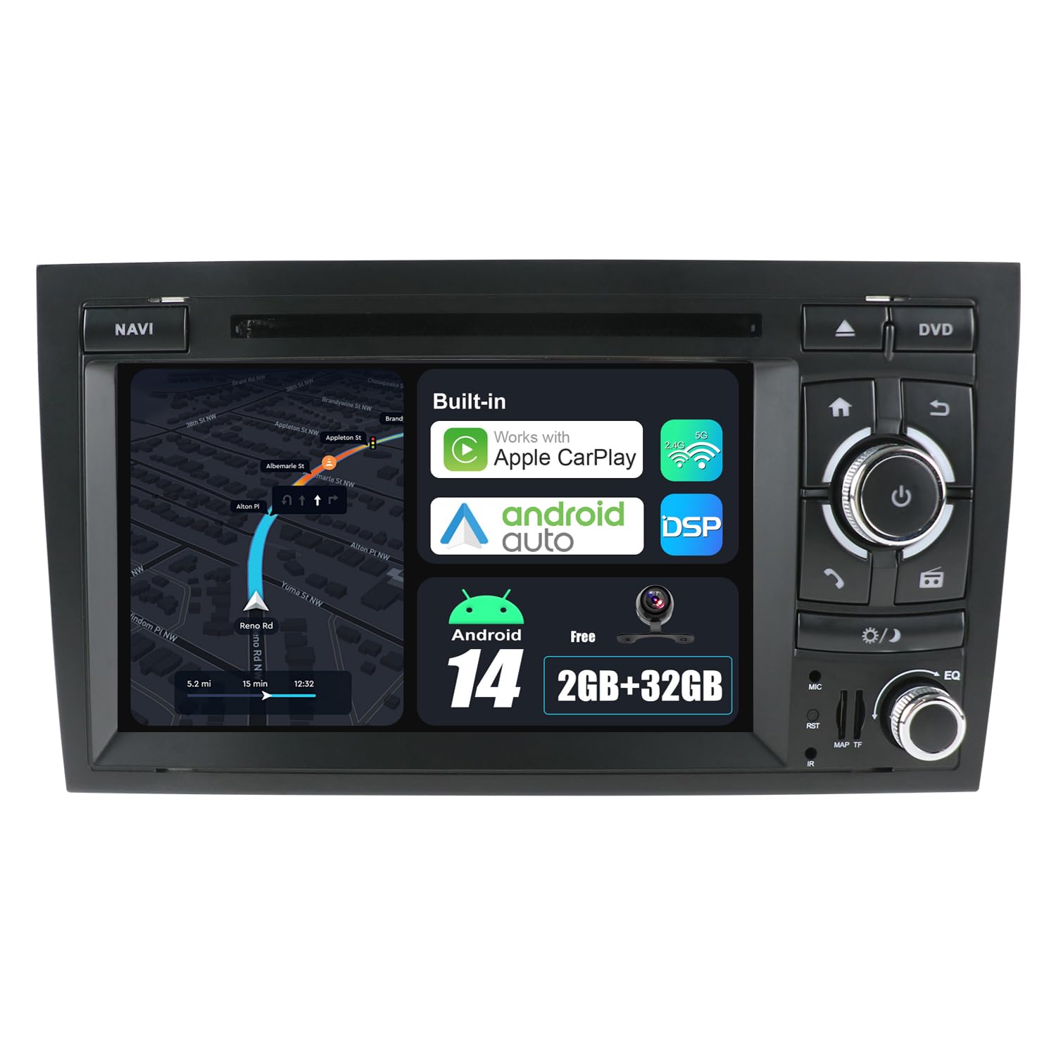 JOYX Android 12 IPS Car Stereo For Audi A4 (2003-2011) - Built-in Carplay + Android Auto - 2G+32G - Rear Camera + MIC FREE - 7 Inch 2 Din - Steering Wheel DAB Fast-boot WIFI Split-SCreen Bluetooth
