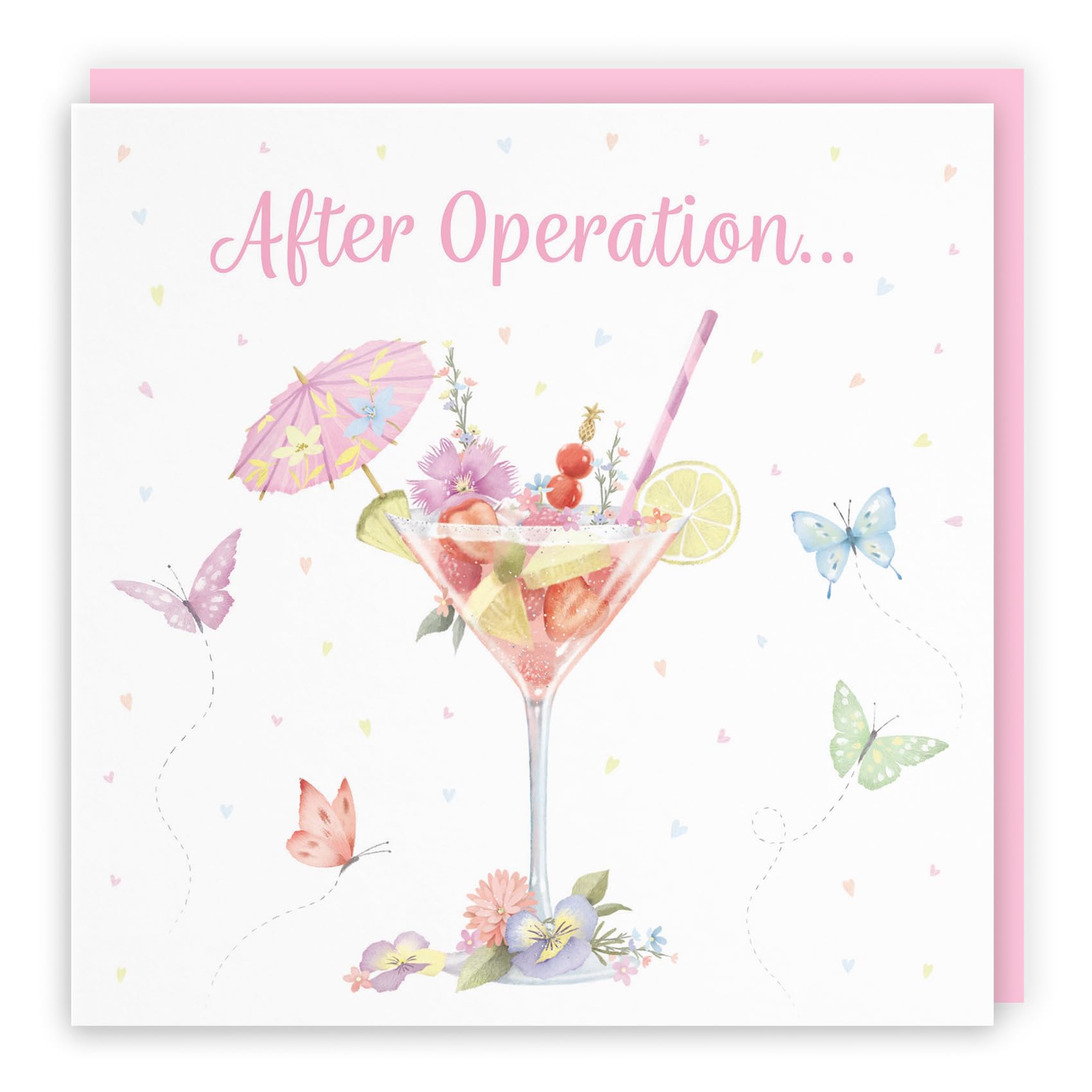 Hunts England - Pink Cocktail And Butterflies After Operation Card For Her - Milo's Gallery - Female Get Well Soon Card - Feel Better Soon Speedy Recovery Card - For Women