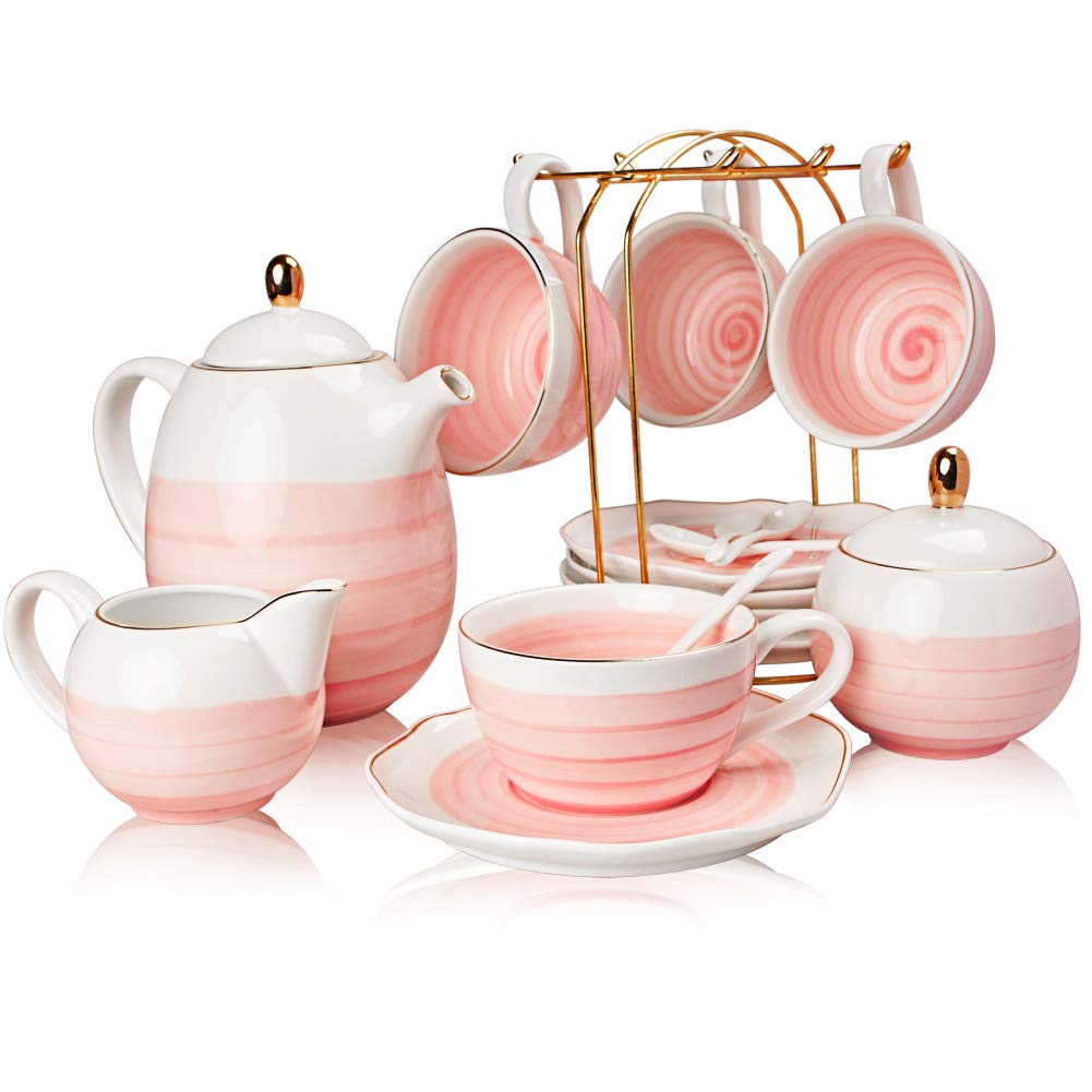 Sweejar Porcelain Tea Sets, 225 ml Cups and Saucer Teaspoon Set of 4, with Teapot Sugar Bowl Cream Pitcher and Tea Strainer for Tea/Coffee,Afternoon Tea Party (Pink)