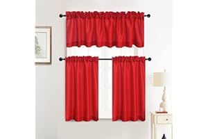 WPM WORLD PRODUCTS MART Faux Silk Kitchen Valance Set - 36 Inch Tier Curtains with Rod Pocket for Living Room, Bedroom & Bathroom - Farmhouse Rustic Country Style - 3 Piece Set (Red)
