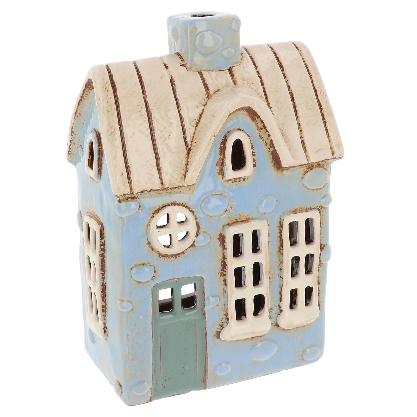 Shudehill Giftware Village Pottery Ceramic Tealight Holder Cobblestone House Collection - Pastel Blue Dormer Window or Yellow Double Terrace (Blue)