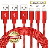 Ulimag Lightning Cable 3Pack 6FT Nylon Braided Certified iPhone Cable - USB Cord Charging Charger for Apple iPhone 7, 7 Plus, 6, 6s, 6+, 5, 5c, 5s, SE, iPad, iPod Nano, iPod Touch - (Red)