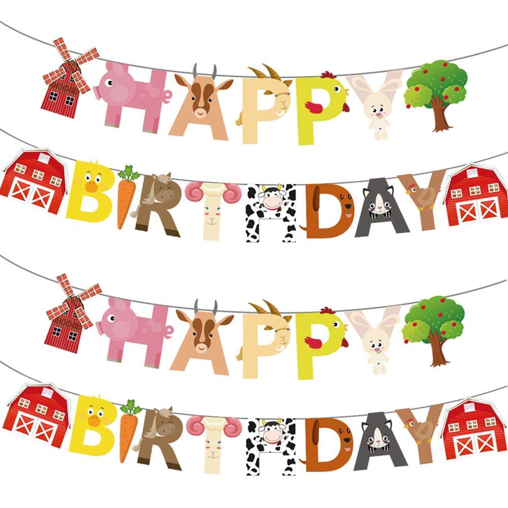 DADADEFEIJI 2 Pcs Happy Birthday Banner Sign Farm Animal Theme Party Banner Decoration for Birthday Party