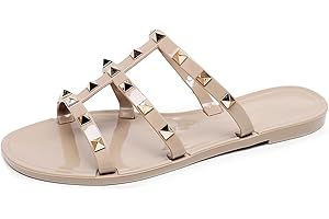 OMGard Women Flats Sandals, Studded Jelly Shoes Size 9 Red Dressy Summer Beach Rivets Strappy Jellies Slide Slip On Open Toes