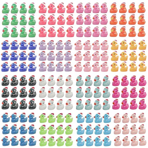 160 Pcs Mini Christmas Resin Ducks with Hat 16 Colors to Hide and Seek Tiny Duck Charms for Party Toy Gift Crafts Micro Landscape Aquarium Garden for School DIY Dollhouse Decoration