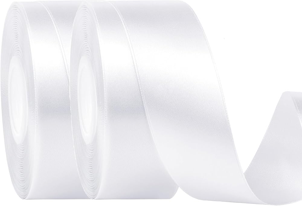 HONGCI 2 x 25mm White Satin Ribbon 22m Thick Gift Wedding Car Hair Bow