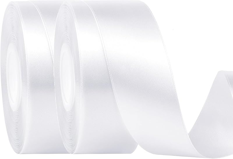 HONGCI 2 x 25mm White Satin Ribbon 22m Thick Gift Wedding Car Hair Bow