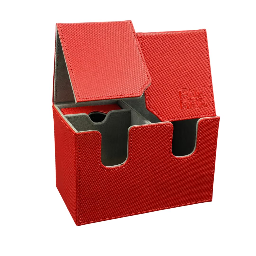 PUKARA Double Card Deck Box for TCG, MTG, PTCG. Card Storage with Magnetic Closure, Premium PU Leather, Includes 100 Transparent Card Sleeves (Red and Grey)