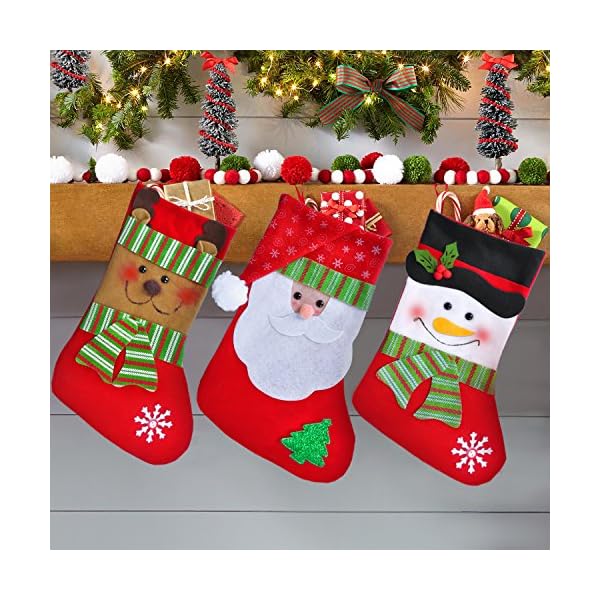 LOYO Christmas Stockings 15" - Christmas Tree Decorations Santa's Toys Stockings, Xmas Party Mantel Decorations Ornaments,Santa Snowman Reindeer Style (3 Pack)