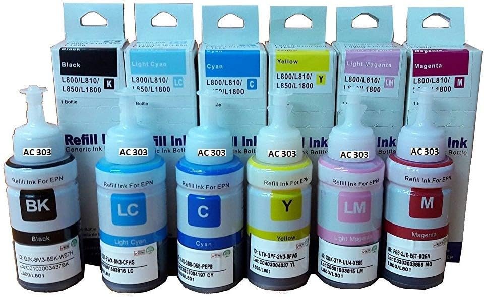 AC 303 cartridge Photo Refill Ink Bottle Compatible with Epson L800 L1800 L805 L850 L810 Printer for Good Professional Printout - Set of 6 Colors
