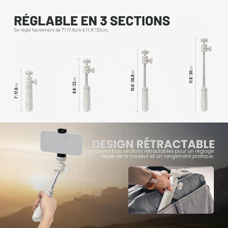 Mini Trépied Perche Stick Compatible avec iPhone, GoPro, Insta360, DJI avec Rotule 360°, Axe Central Élevé, Support Vlog en métal pour Caméra, Webcam, Téléphone Portable, TP43 Blanc