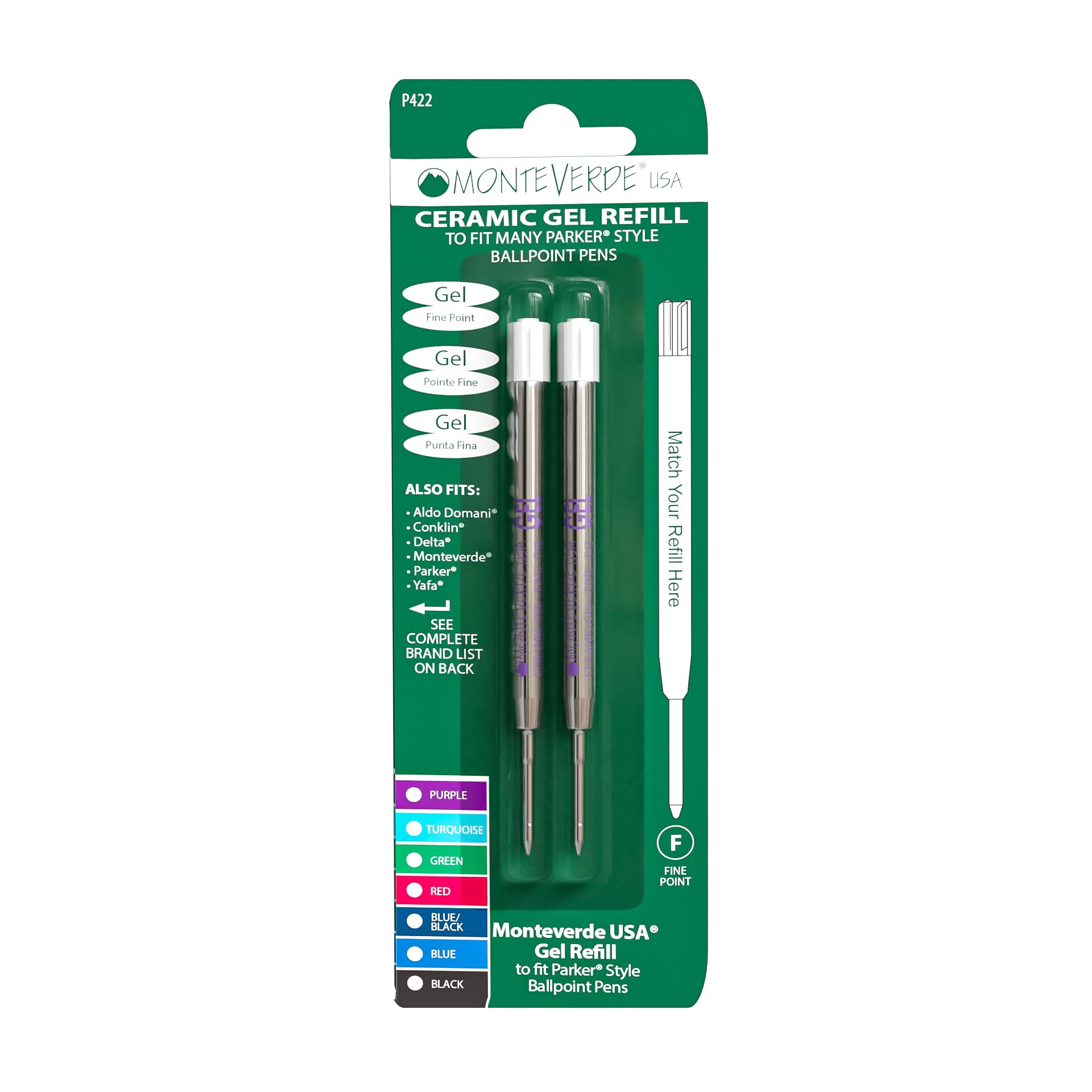 Monteverde Fine Point Capless Gel Refill for Parker Ballpoint Pens - Purple (Pack of 2)