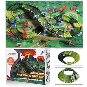 Anpro Dinosaur Toys with Car Track Playset,148pcs Flexible Trains Tracks with Dinosaur Activity Play Mat and 18pcs…