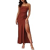 MQCVC Summer Satin Spaghetti Strap Backless Maxi Dresses for Women 2026 Sexy Square Neck Ruched Slit Wedding Guest Midi Dress