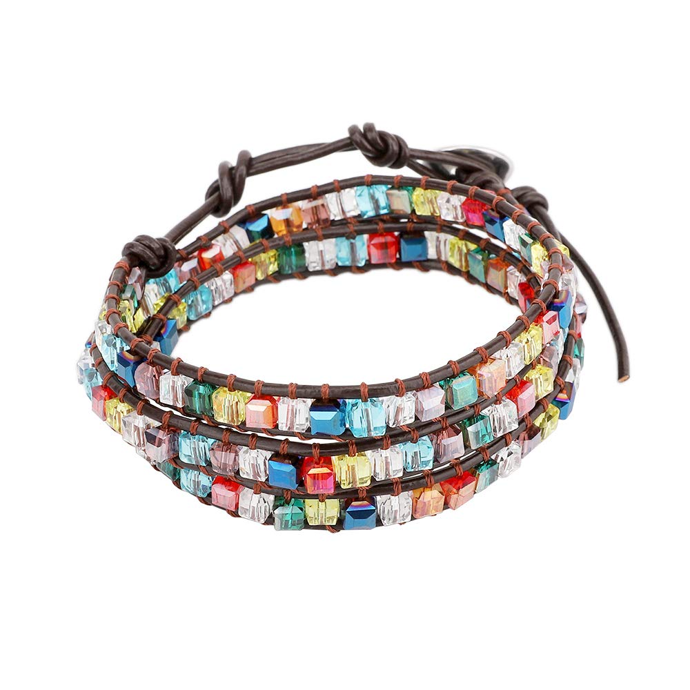 Emibele Leather Bracelet, Dazzling Handmade Wrap Bracelet Shimmering Crystal Glass Woven Jewelry Wrist Accessory for Women Ladies Adult - Colorful — image 1