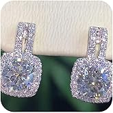 Mnyixsi Dangle Earrings 18K White Gold Plated Princess Cut Cubic Zirconia Drop Leverback Earrings Sterling Silver Square Simulated Diamond CZ Dangle Earrings for Women Hypoallergenic