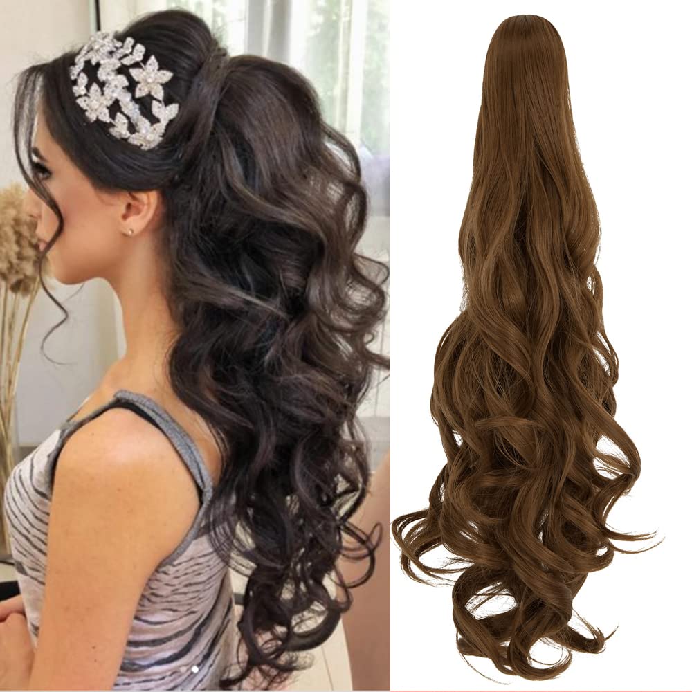 OMGREAT Ponytail Extension 24 Inch Long Claw Clip in Ponytail Synthetic Thick Hair Extensions Pony Tail for Women with a jaw Light Chestnut Brown