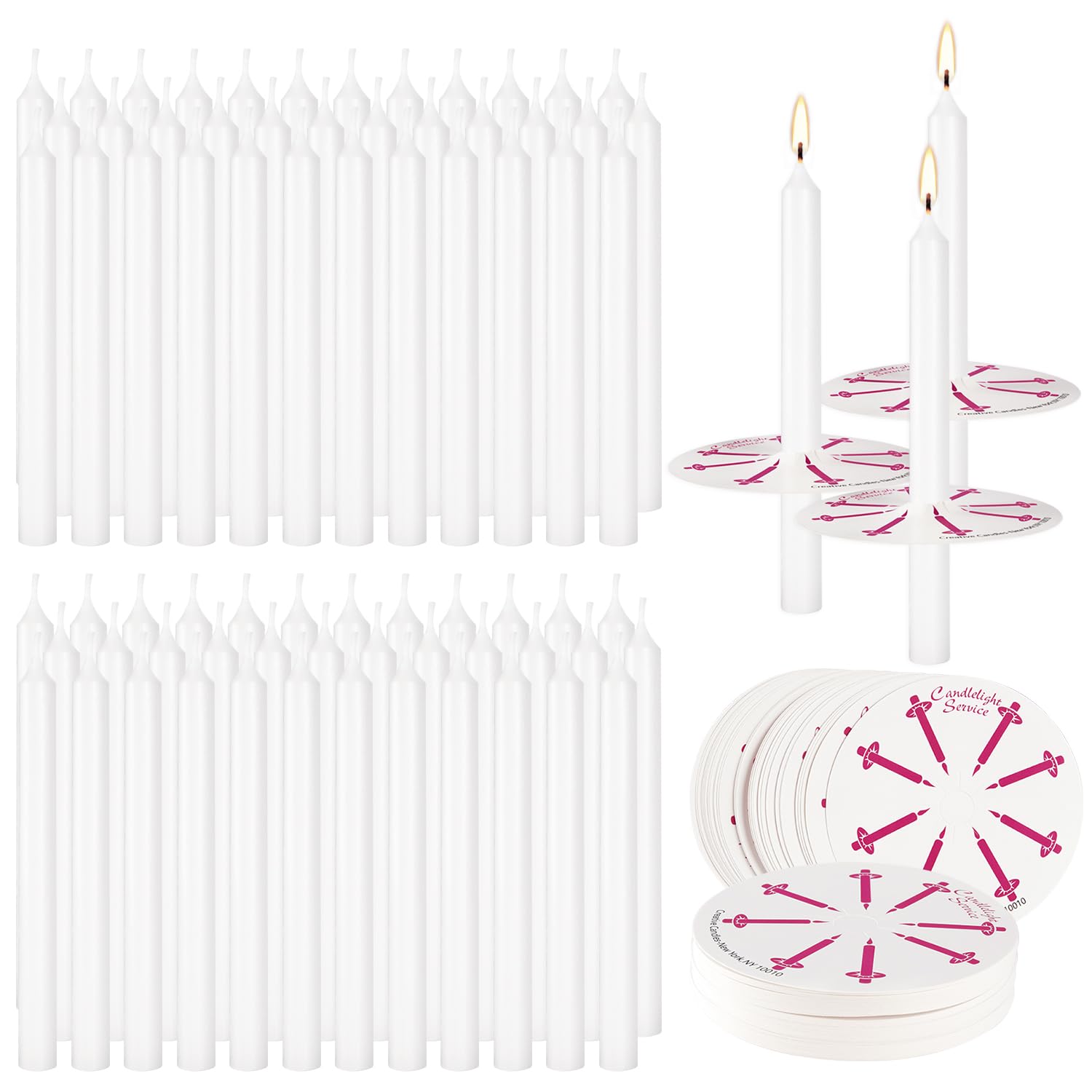 Photo 1 of 300 Pieces 5-Inch White Unscented Taper Candles with Drip Protectors for Church, Prayer, Shabbat, and Vigil Use
