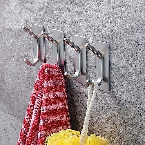 AMROAH 4pcs Stainless Steel Adhesive Hooks Wall Mounted, Heavy Duty Storage Wall Mount Hooks for Hanging Coat Clothes Towels Hat Bags for Home Entryway Bathroom Bedroom Kitchen Living Room (Silver)
