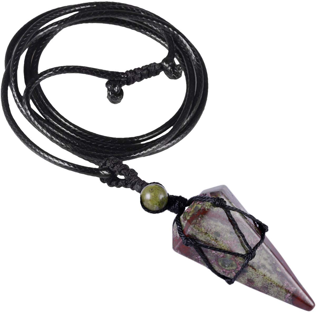 Nupuyai Braided Dragon Bloodstone Crystal Point Pendant Necklace for Women Men, Hexagonal Pendulum Pendant with Adjustable Cord