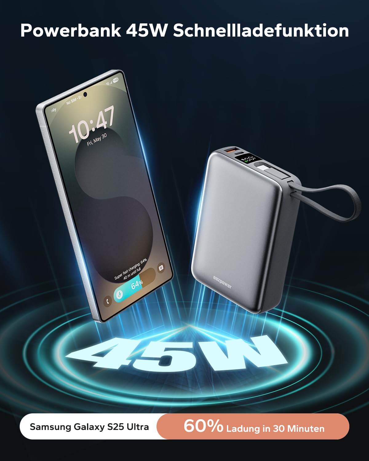 Eazpower Powerbank 45W Schnellladefunktion 20,000mAh mit USB-C Kabel integriert, Externe Handyakkus Leicht Klein Aber Stark für iPhone 17/16 /15 Pro, Samsung S25 Ultra, Xiaomi - Raummetallsilber 2