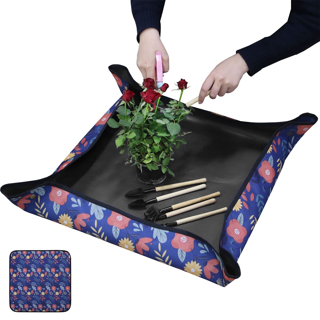 Upgraded Flower Color Gardening Plant Repotting Mat, 30 * 30inch Foldable Waterproof Bonsai Transplanting Pad Dirty Catcher Mix Soil for Indoor Garden Succulent Plant Care (Blue based Print Flower)
