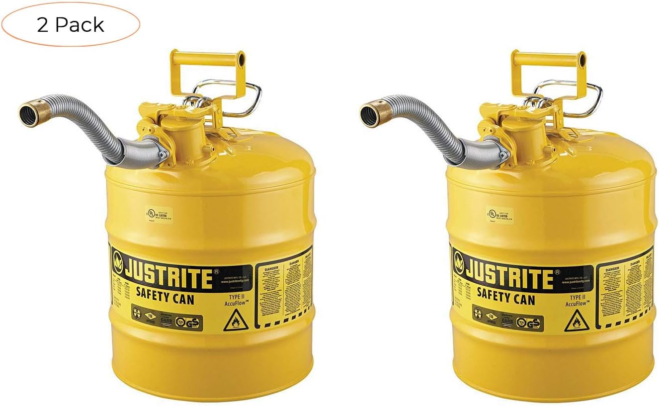 Justrite 7250230 AccuFlow 5 Gallon, 11.75" OD x 17.50" H Galvanized Steel Type II Yellow Safety Can with 1" Flexible Spout (Pack of 2) (Twо Расk)