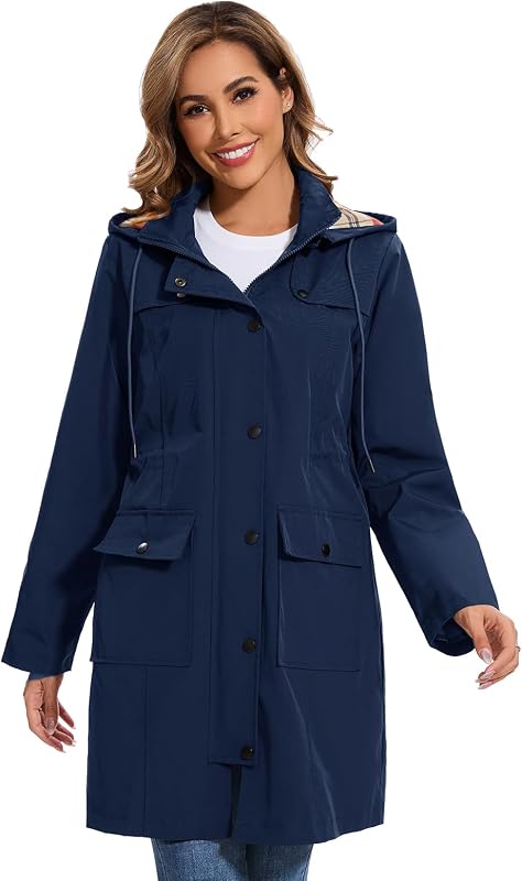Veste Femme Imperméable à Capuche Longue Manteau de Pluie Femme Legere Trench Capuche Femme Poncho Pluie Impermeable Coupe Vent Printemps Été Automne, Bleu marine, M — photo 2 sur 7