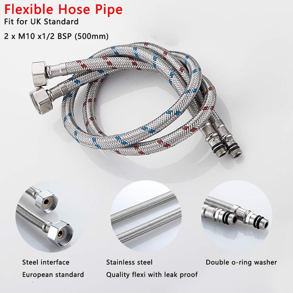 Heable Pack of 2 Kitchen/Basin Monobloc Mixer Tap Connectors Flexi Pipes Tails British Standard Pipe M10 x1/2 Fitting 500mm Long (Silver Pipes) - Image 3