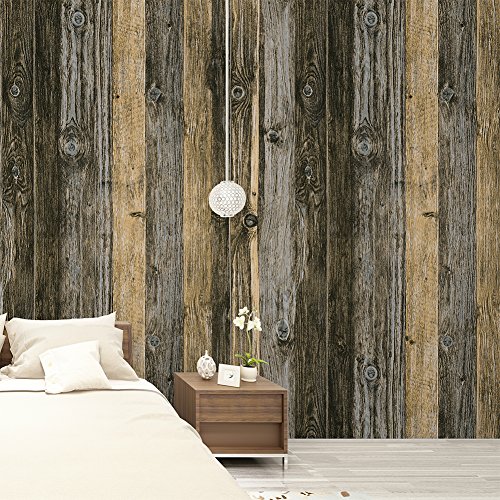 HaokHome 707 Vintage Wood Wallpaper Rolls Tan/Brown/Grey Wooden Plank Murals Home Kitchen Bathroom Decoration 20.8" x 393.7"