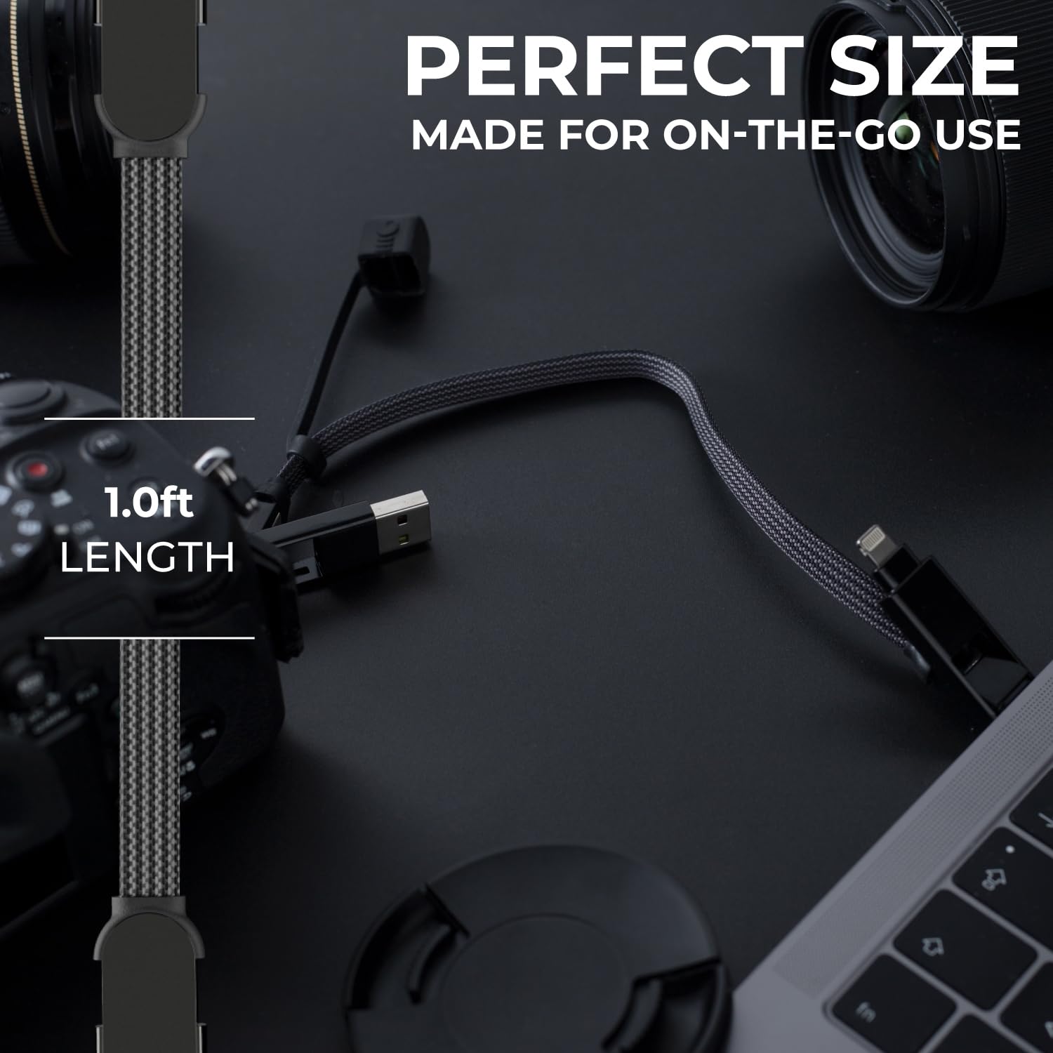 Rolling Square inCharge XL 6-in-1 Multi Charging Cable, Portable USB and USB-C Cable with 100W Ultra-Fast Charging Power, 1 Ft/0.3m, Urban Black