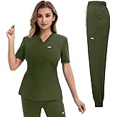 YEZEX Scrubs for Women Set, Medical Scrubs Top & Pants, Women's Jogger Scrub Set w/ 10 Pocket