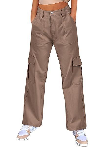 ANRABESS WOMEN’S CARGO PANTS HIGH WAISTED BAGGY MULTIPLE POCKETS CASUAL TRENDY FASHION RELAXED FIT Y2K TROUSERS BROWN SMALL
