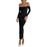 PRETTYGARDEN Womens 2026 Fall Long Sleeve Maxi Dress Off Shoulder Mesh Ruched Bodycon Trendy Long Wedding Guest Dresses