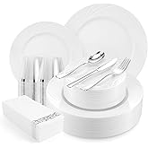 VajilaPhil 350-Piece White Swirls Plastic Dinnerware Set for 50 Guests, Elegant Disposable Dinnerware for Party, Wedding. Includes 10.25" Dinner Plates, 6.5" Dessert Plates, Silverware, Napkins, Cups