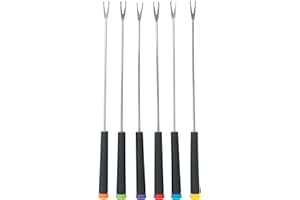Trudeau Set of 6 Stainless Steel 2 Prong Meat Fondue Forks, Black Handles with Colored Coded Tips, Medium