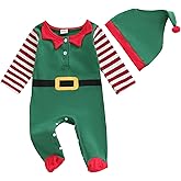 Sasaerucure Newborn Infant Baby Boy Christmas Outfit Elf Jumpsuit Green Romper Long Sleeve Footed Onesie with Hat