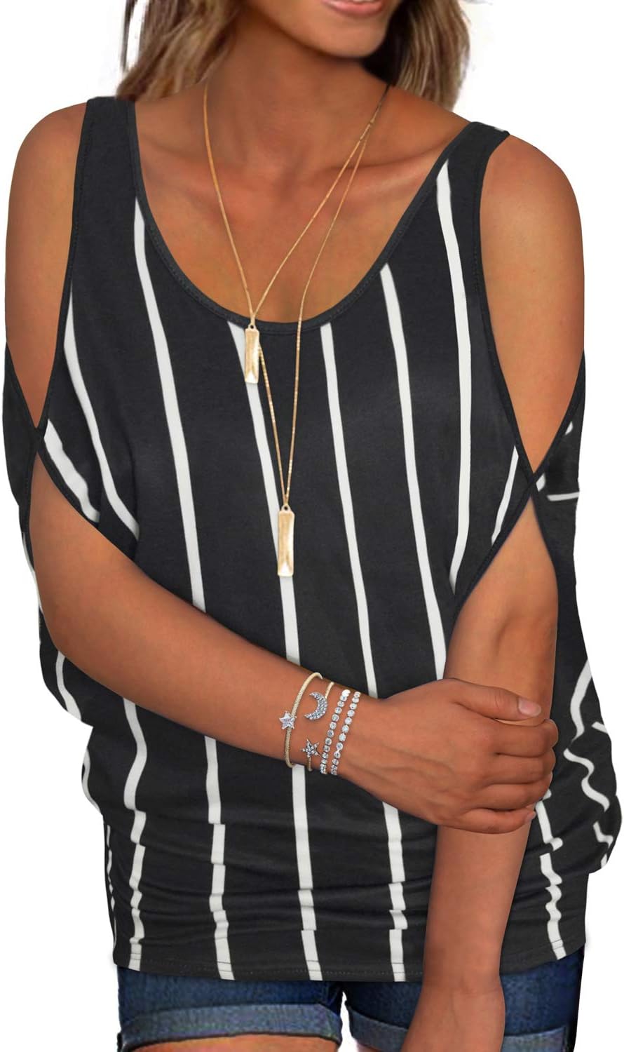 Ranphee Womens Summer Cold Shoulder Tops Casual Scoop Neck Loose Fit T Shirt