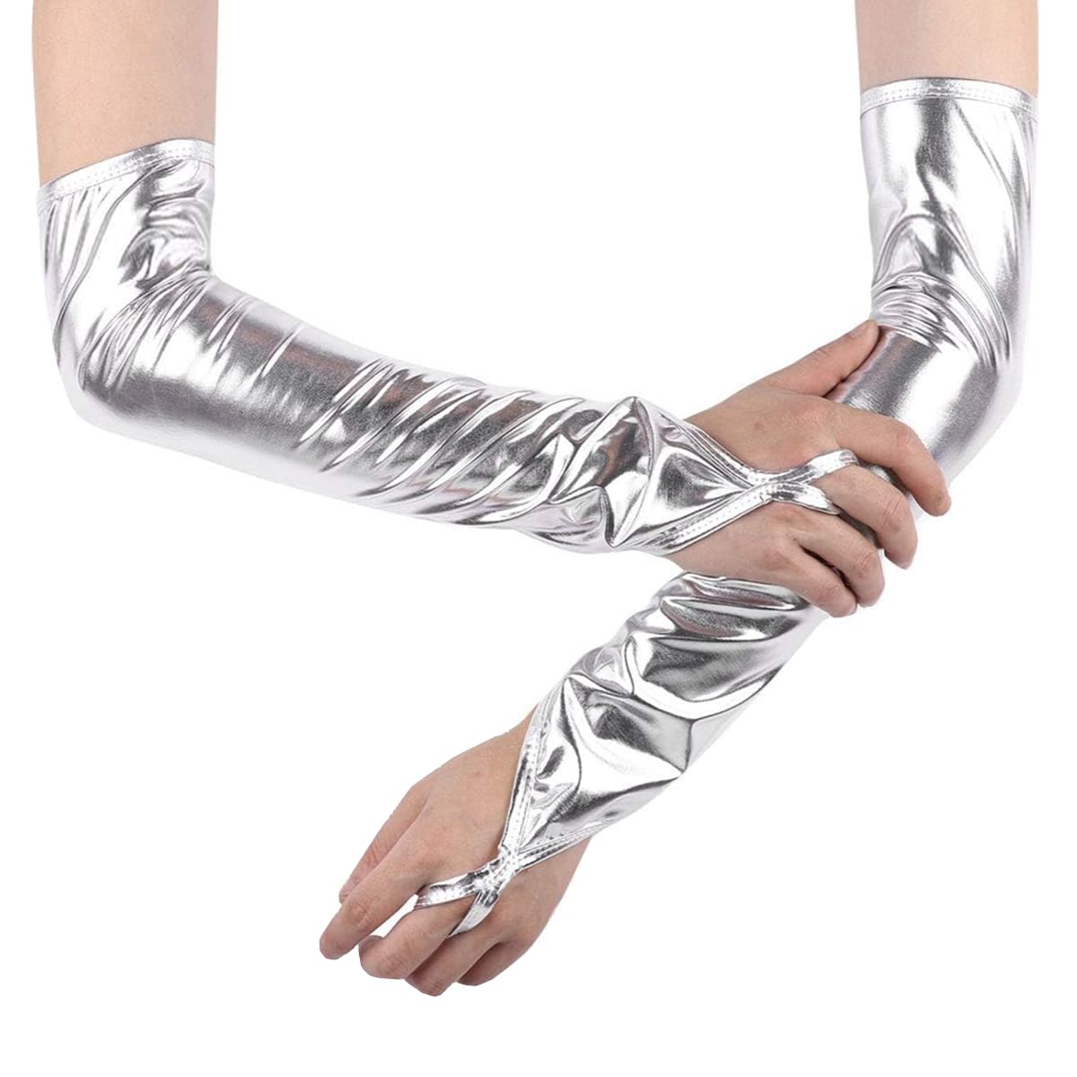 RuiChy Shiny Long Metallic Fingerless Gloves for Women, Patent Leather Elbow Length Opera Gloves Arm Warmer for Evening Party Masquerade Rave Cosplay Stage Performance Night Club Dancewear (Silver)