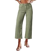 Allimy Women's High Waisted Straight Ankle Wide Leg Ripped Jeans Frayed Hem Stretchy Capri Denim Pants