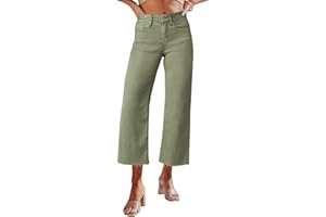 Allimy Women's High Waisted Straight Ankle Wide Leg Ripped Jeans Frayed Hem Stretchy Capri Denim Pants