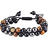 PAKUNDAS Handmade Triple Protection Bracelet - Men & Women's Crystal Bracelet with Tiger Eye, Hematite, and Black Obsidian - 8mm Natural Stone Beads Bring Good Luck, Prosperity, Happiness